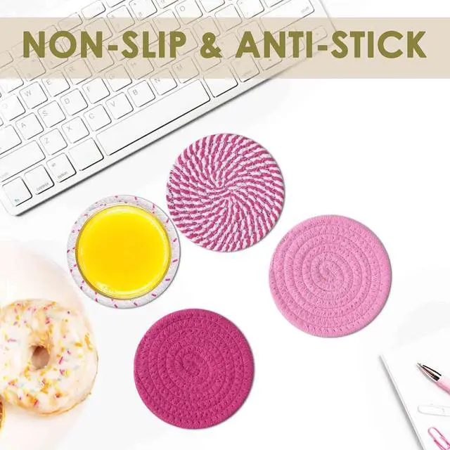 Alt view image 5 of 7 - Drink Coasters 8 Pack with Holder, 4-Color Cotton Woven Absorbent Coasters Set, Minimalist 4.3in Cup Mat for Home Decor, Dining Table, Living Room, Tabletop-Protection for Coffee Beverage-Pink