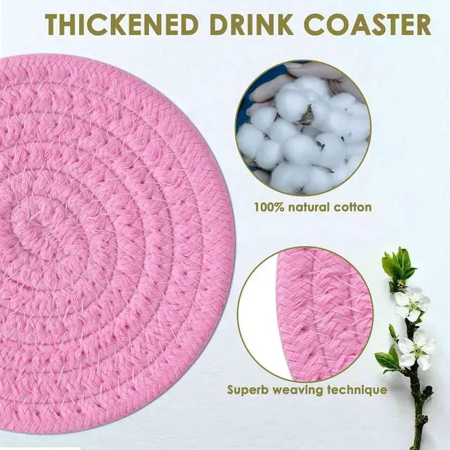 Alt view image 6 of 7 - Drink Coasters 8 Pack with Holder, 4-Color Cotton Woven Absorbent Coasters Set, Minimalist 4.3in Cup Mat for Home Decor, Dining Table, Living Room, Tabletop-Protection for Coffee Beverage-Pink