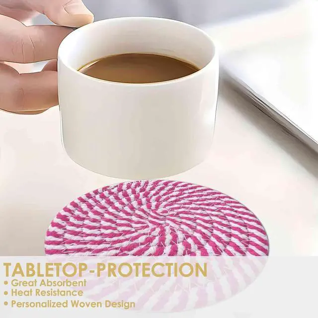 Alt view image 7 of 7 - Drink Coasters 8 Pack with Holder, 4-Color Cotton Woven Absorbent Coasters Set, Minimalist 4.3in Cup Mat for Home Decor, Dining Table, Living Room, Tabletop-Protection for Coffee Beverage-Pink