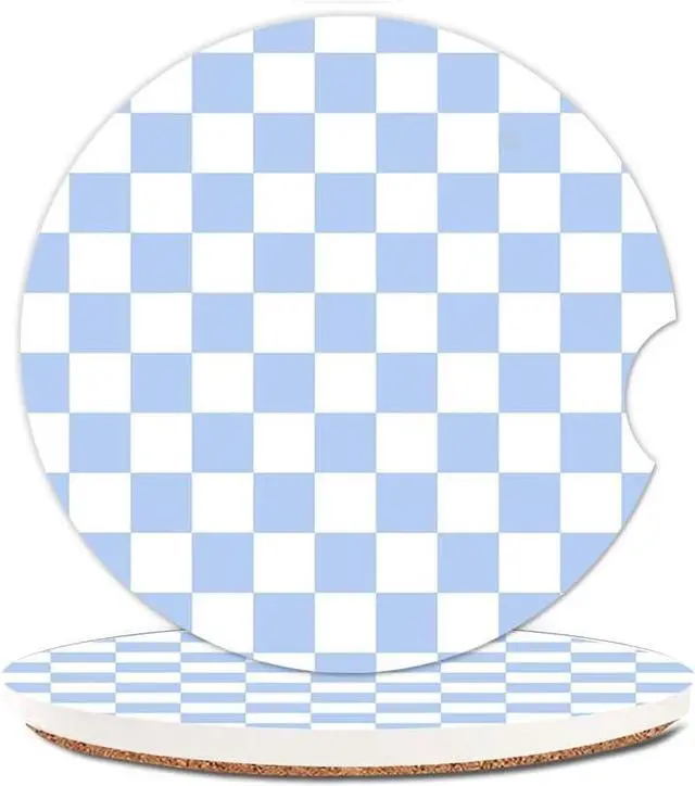 Main image of 2 Pack Absorbent Car Coasters for Cup Holders,Ceramic Coasters with Cork Back and Finger Slot,2.56" Cupholder Accessories to Keep Your Car Cup Holders Clean and Dry(Blue White Checkered)