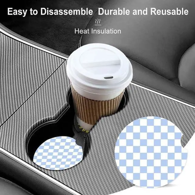 Alt view image 3 of 4 - 2 Pack Absorbent Car Coasters for Cup Holders,Ceramic Coasters with Cork Back and Finger Slot,2.56" Cupholder Accessories to Keep Your Car Cup Holders Clean and Dry(Blue White Checkered)