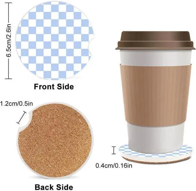 Alt view image 2 of 4 - 2 Pack Absorbent Car Coasters for Cup Holders,Ceramic Coasters with Cork Back and Finger Slot,2.56" Cupholder Accessories to Keep Your Car Cup Holders Clean and Dry(Blue White Checkered)
