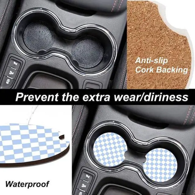 Alt view image 4 of 4 - 2 Pack Absorbent Car Coasters for Cup Holders,Ceramic Coasters with Cork Back and Finger Slot,2.56" Cupholder Accessories to Keep Your Car Cup Holders Clean and Dry(Blue White Checkered)