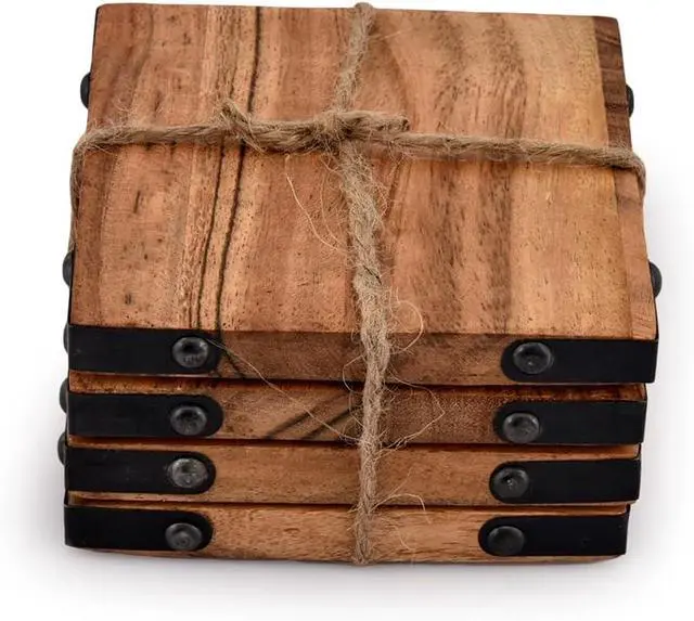Alt view image 3 of 6 - Samhita Acacia Wood Square Coasters Protection Tabletop,Countertop and Surfaces Size: 4" x 4", Set of 4
