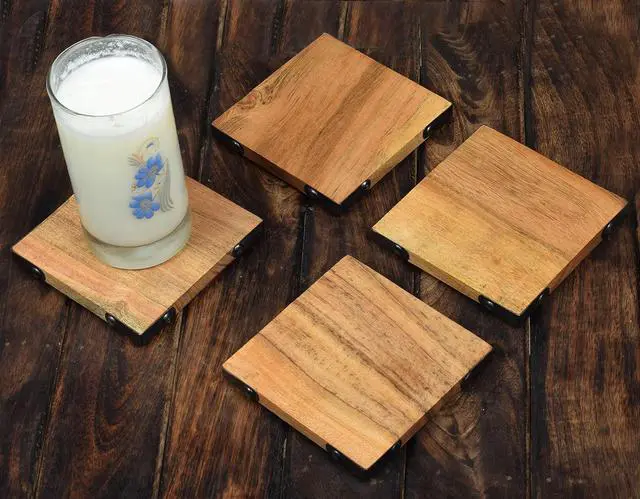 Alt view image 5 of 6 - Samhita Acacia Wood Square Coasters Protection Tabletop,Countertop and Surfaces Size: 4" x 4", Set of 4