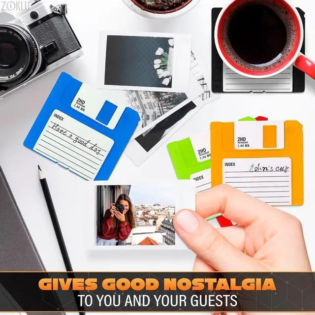 Alt view image 5 of 7 - Floppy Disk Coasters Set of 6, 3.54 in, Colorful Retro 90s Design