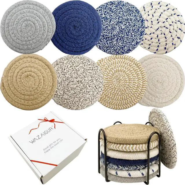Alt view image 2 of 7 - WAZAIGUR Handmade Cotton Coasters for Drinks Set of 8 with Holder, 4.3inch