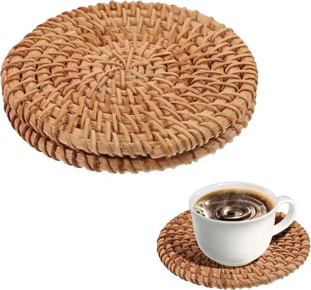 Main image of Oruola 2pcs Natural Woven Coasters,Rattan Coasters,3.93In Round Wicker Coasters,Boho Coasters Heat-resistant Drink Coasters for Coffee Table Housewarming Gifts Hot Drinking Home Decor Protecting Table