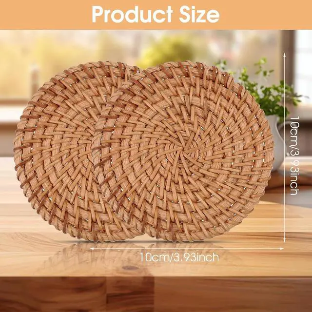 Alt view image 2 of 7 - Oruola 2pcs Natural Woven Coasters,Rattan Coasters,3.93In Round Wicker Coasters,Boho Coasters Heat-resistant Drink Coasters for Coffee Table Housewarming Gifts Hot Drinking Home Decor Protecting Table