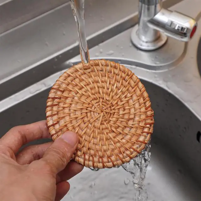 Alt view image 3 of 7 - Oruola 2pcs Natural Woven Coasters,Rattan Coasters,3.93In Round Wicker Coasters,Boho Coasters Heat-resistant Drink Coasters for Coffee Table Housewarming Gifts Hot Drinking Home Decor Protecting Table