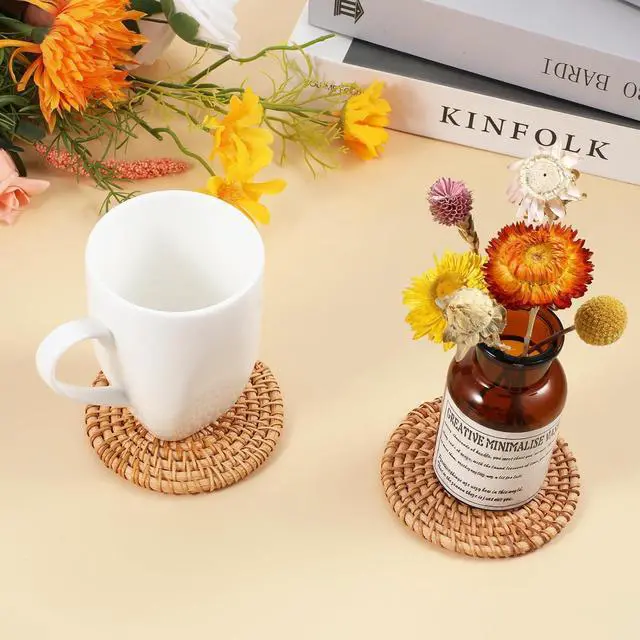 Alt view image 7 of 7 - Oruola 2pcs Natural Woven Coasters,Rattan Coasters,3.93In Round Wicker Coasters,Boho Coasters Heat-resistant Drink Coasters for Coffee Table Housewarming Gifts Hot Drinking Home Decor Protecting Table