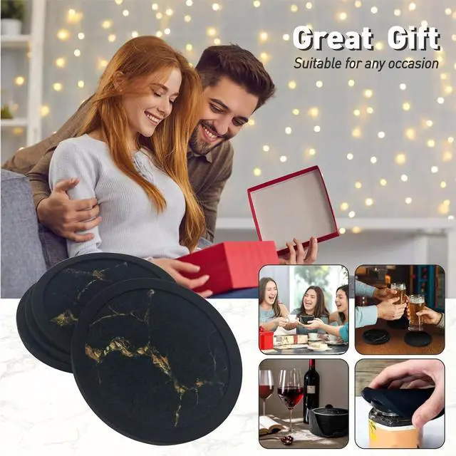 Alt view image 3 of 7 - Set of 4 Black Silicone Coasters, Double-Sided Absorbent Felt & Non-Slip Cup Mats for Hot Cold Drinks, Deep Tray Design Table Desk Outdoor Use
