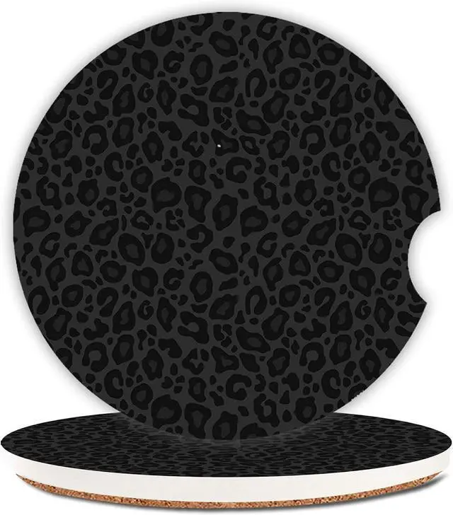 Main image of Ceramic Cup Holders Car Coasters for Women/Men,Fashion Absorbent Drink Cup Car Holder Coasters with A Finger Notch 2.56" Pack of 2,Grey and Black Leopard Print
