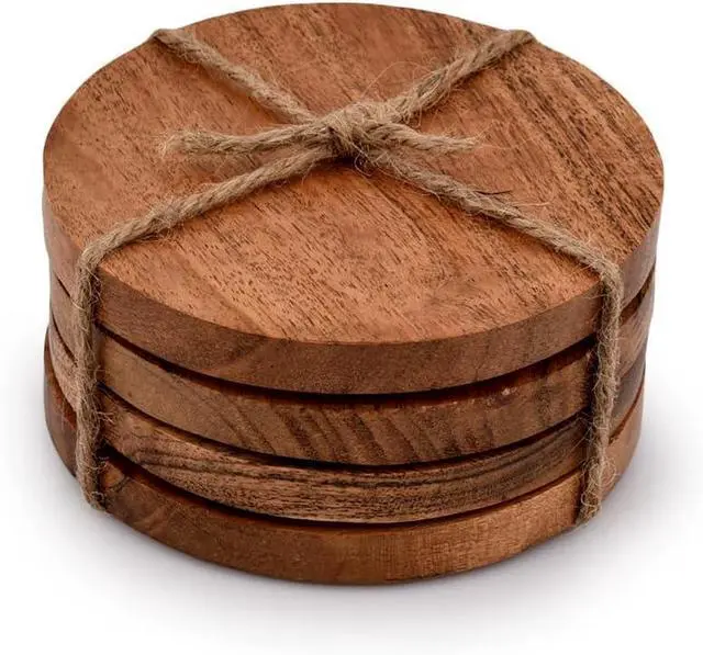 Main image of Samhita Acacia Wood Round Coasters Protection Tabletop,Countertop and Surfaces from Water Marks or Damage | Home & Office Decor | Housewarming Gift (Set of 4) (4" x 4" X 0.5")