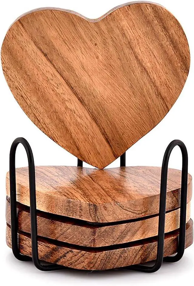 Main image of Samhita Acacia Wood Heart Shape Coaster Set of 4 with Iron Holder for Coffee Table Décor Housewarming Gift New Home Kitchen Décor