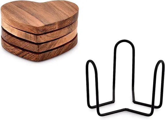 Alt view image 4 of 5 - Samhita Acacia Wood Heart Shape Coaster Set of 4 with Iron Holder for Coffee Table Décor Housewarming Gift New Home Kitchen Décor