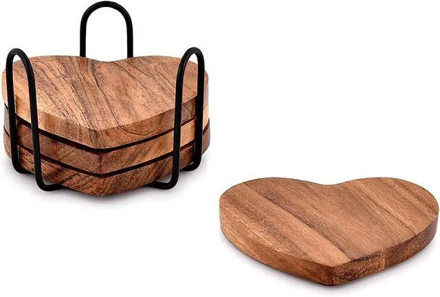 Alt view image 3 of 5 - Samhita Acacia Wood Heart Shape Coaster Set of 4 with Iron Holder for Coffee Table Décor Housewarming Gift New Home Kitchen Décor
