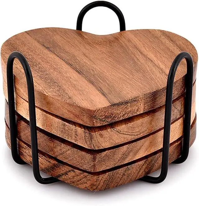 Alt view image 2 of 5 - Samhita Acacia Wood Heart Shape Coaster Set of 4 with Iron Holder for Coffee Table Décor Housewarming Gift New Home Kitchen Décor