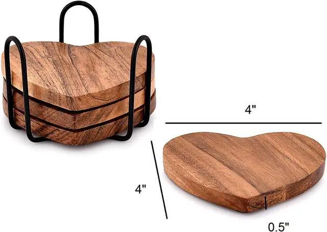 Alt view image 5 of 5 - Samhita Acacia Wood Heart Shape Coaster Set of 4 with Iron Holder for Coffee Table Décor Housewarming Gift New Home Kitchen Décor