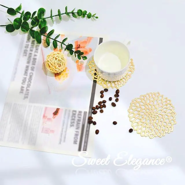Alt view image 7 of 7 - Sweet Elegance® Coasters Set of 6 Hollow PVC Coaster Cup Mats Thanksgiving Table Ornament Decorations for Home Festival (Gold Flowers)