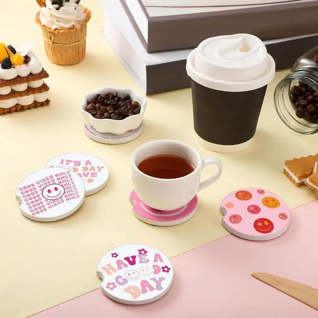 Alt view image 7 of 7 - Zubebe 6 Pcs Car Coasters for Women Ceramic, Ceramic and Cork, Cute