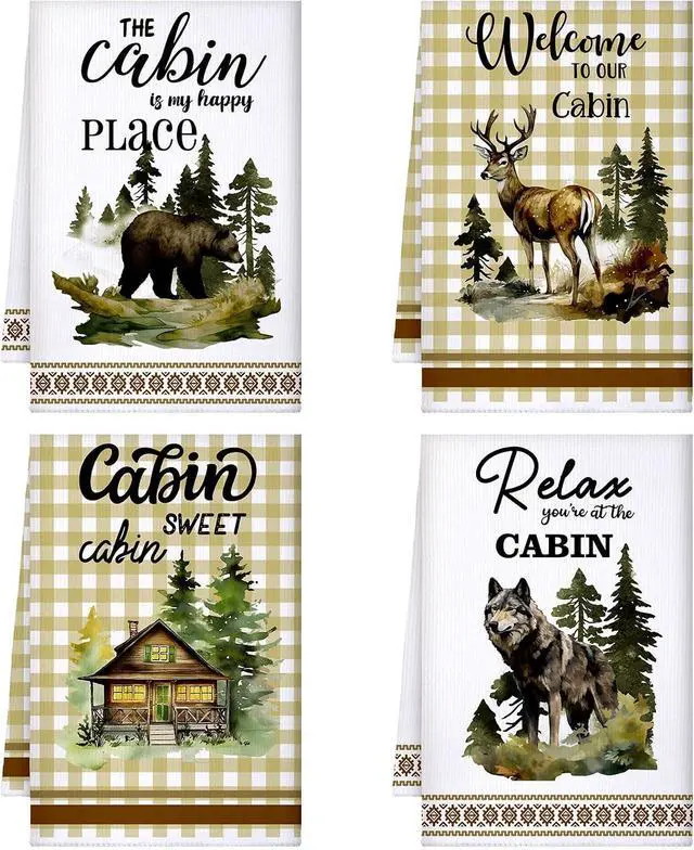 Main image of Buryeah 4 Pcs Cabin Kitchen Towels Set 23. 6 x 16 Inches Wildlife Deer Bear Dish Towels Log Rustic Cabin Decor Soft Absorbent Hand Tea Dishcloth for Home Kitchen Bathroom Farmhouse Campers