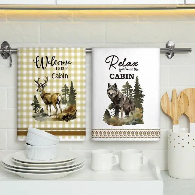 Alt view image 2 of 6 - Buryeah 4 Pcs Cabin Kitchen Towels Set 23. 6 x 16 Inches Wildlife Deer Bear Dish Towels Log Rustic Cabin Decor Soft Absorbent Hand Tea Dishcloth for Home Kitchen Bathroom Farmhouse Campers