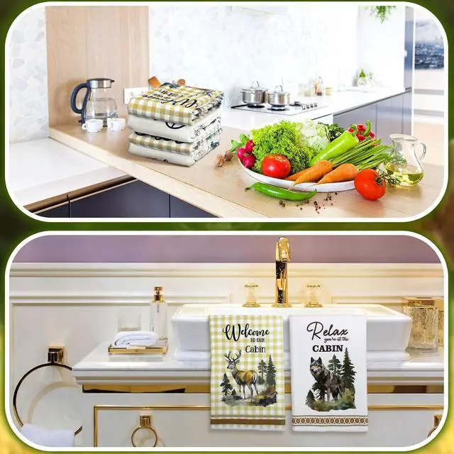 Alt view image 4 of 6 - Buryeah 4 Pcs Cabin Kitchen Towels Set 23. 6 x 16 Inches Wildlife Deer Bear Dish Towels Log Rustic Cabin Decor Soft Absorbent Hand Tea Dishcloth for Home Kitchen Bathroom Farmhouse Campers