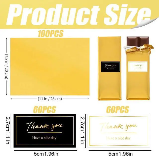 Alt view image 2 of 7 - 100 PCS Chocolate Bar Foil Wrappers, 11 x 7.9 Inch Aluminum Foil Candy Wrappers with 120PCS Thank You Stickers, Chocolate Bar Packaging Papers for Gift Wrapping, Gold