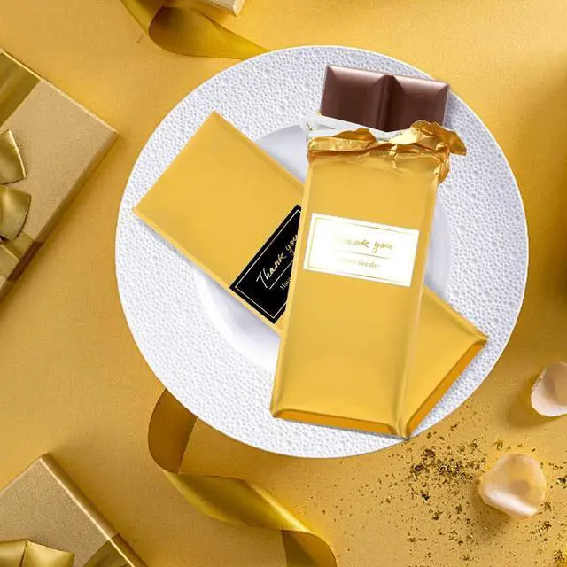 Alt view image 4 of 7 - 100 PCS Chocolate Bar Foil Wrappers, 11 x 7.9 Inch Aluminum Foil Candy Wrappers with 120PCS Thank You Stickers, Chocolate Bar Packaging Papers for Gift Wrapping, Gold