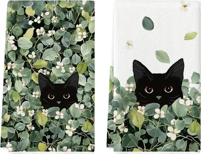 Main image of Artoid Mode Green Leaves Wild Flowers Black Cat Spring Kitchen Towels Dish Towels, 18x26 Inch Farmhouse Plants Decoration Hand Towels Set of 2
