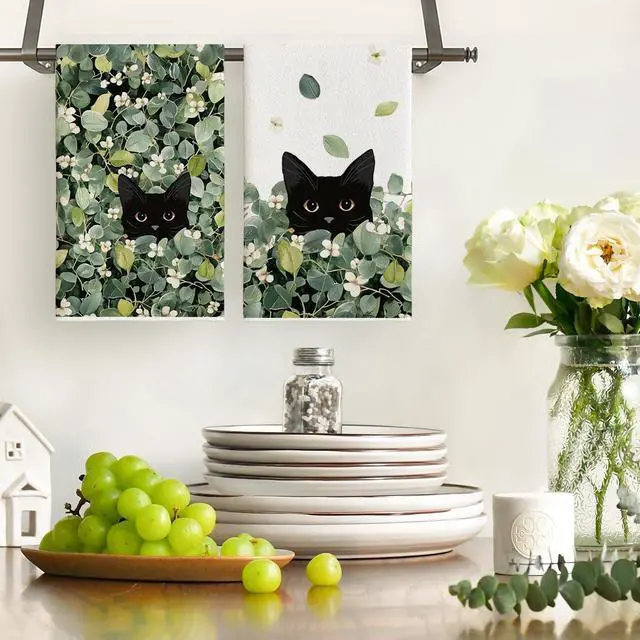 Alt view image 2 of 6 - Artoid Mode Green Leaves Wild Flowers Black Cat Spring Kitchen Towels Dish Towels, 18x26 Inch Farmhouse Plants Decoration Hand Towels Set of 2