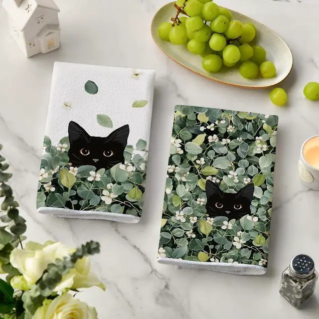 Alt view image 3 of 6 - Artoid Mode Green Leaves Wild Flowers Black Cat Spring Kitchen Towels Dish Towels, 18x26 Inch Farmhouse Plants Decoration Hand Towels Set of 2