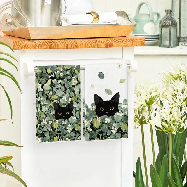 Alt view image 4 of 6 - Artoid Mode Green Leaves Wild Flowers Black Cat Spring Kitchen Towels Dish Towels, 18x26 Inch Farmhouse Plants Decoration Hand Towels Set of 2