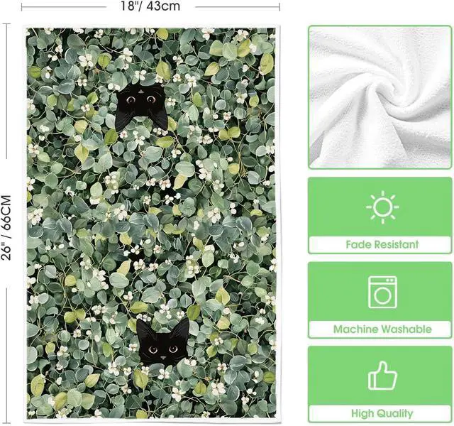Alt view image 6 of 6 - Artoid Mode Green Leaves Wild Flowers Black Cat Spring Kitchen Towels Dish Towels, 18x26 Inch Farmhouse Plants Decoration Hand Towels Set of 2