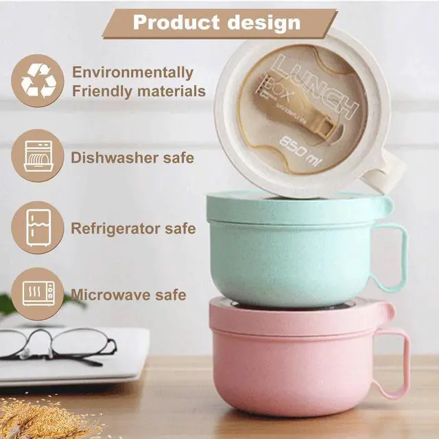 Alt view image 2 of 6 - Rarapop 28.7oz Microwave Soup Bowl Containers with Lids, Wheat Straw Ramen Noodles Cup Mug for Instant Noodles,Oatmeal, Gumbo, Salad,Crunch,Cereal & More - Easy-Grip Design, Beige