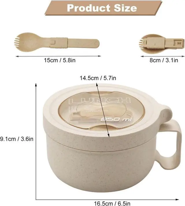 Alt view image 3 of 6 - Rarapop 28.7oz Microwave Soup Bowl Containers with Lids, Wheat Straw Ramen Noodles Cup Mug for Instant Noodles,Oatmeal, Gumbo, Salad,Crunch,Cereal & More - Easy-Grip Design, Beige
