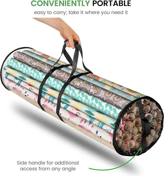 Alt view image 7 of 7 - ZOBER Round Christmas Gift Wrapping Paper Organizer Storage - 40 Inch Gift Wrap Storage Containers - Wrapping Paper Holder, Clear PVC Waterproof, Fits 25 Standard Rolls - Black