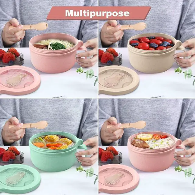 Alt view image 6 of 6 - Rarapop 28.7oz Microwave Soup Bowl Containers with Lids, Wheat Straw Ramen Noodles Cup Mug for Instant Noodles,Oatmeal, Gumbo, Salad,Crunch,Cereal & More - Easy-Grip Design, Beige