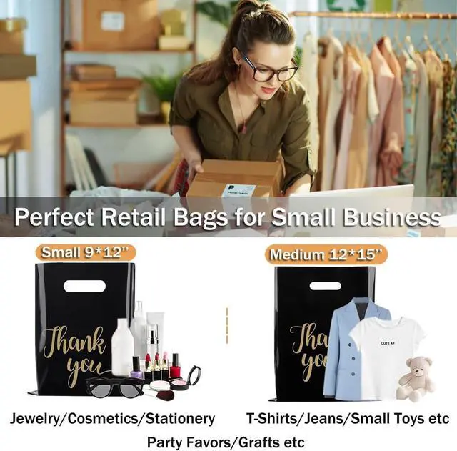 Alt view image 3 of 6 - Thank You Merchandise Bags, 100 Pack, 9x12 inches, Extra Thick, Retail Plastic Shopping Gift Bags, Tear Resistant and Strong