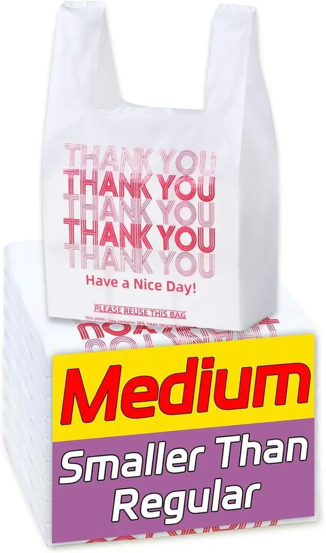 Main image of YovhVon Medium Size 100 Count Plastic Bags with Handles, T-Shirt Bags, Thank You bags, Shopping Bag, Grocery bag, |for Store, Carry, Pack, Retail|, White, 1/8 Barrel, 10"x5"x18"