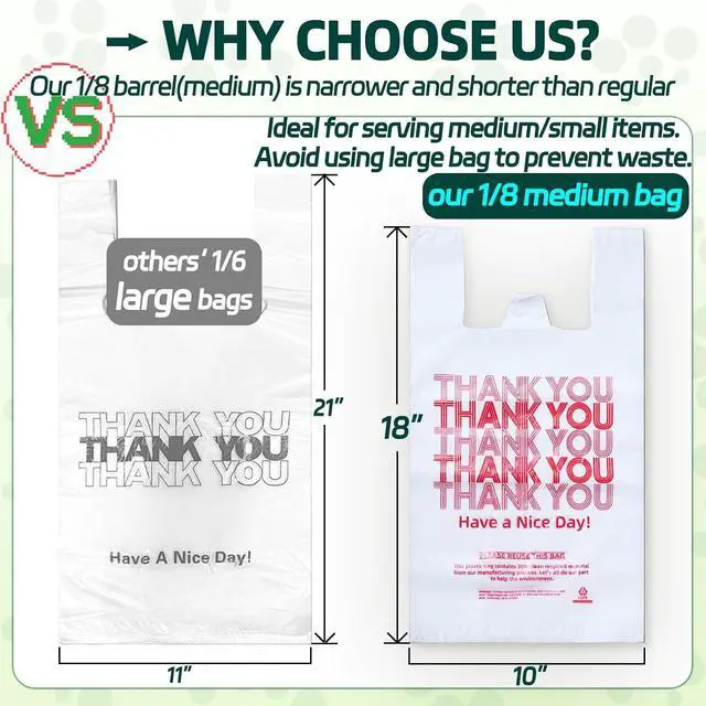 Alt view image 2 of 6 - YovhVon Medium Size 100 Count Plastic Bags with Handles, T-Shirt Bags, Thank You bags, Shopping Bag, Grocery bag, |for Store, Carry, Pack, Retail|, White, 1/8 Barrel, 10"x5"x18"