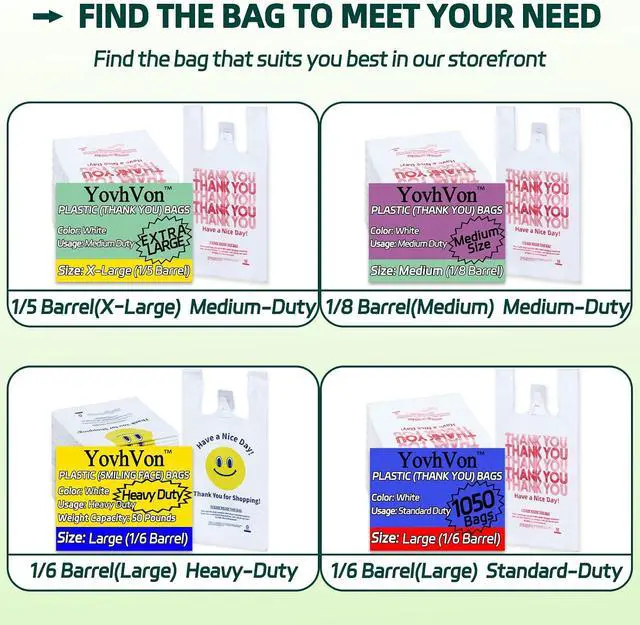 Alt view image 6 of 6 - YovhVon 0.8Mil(20 Microns), 100 Count, Plastic Bags with Handles, T-Shirt bag, Thank You bags, Shopping Bag, Grocery Bag, |for Store, Carry, Pack|, White, 1/6 Barrel, Large 11"x6"x21", Heavy Duty