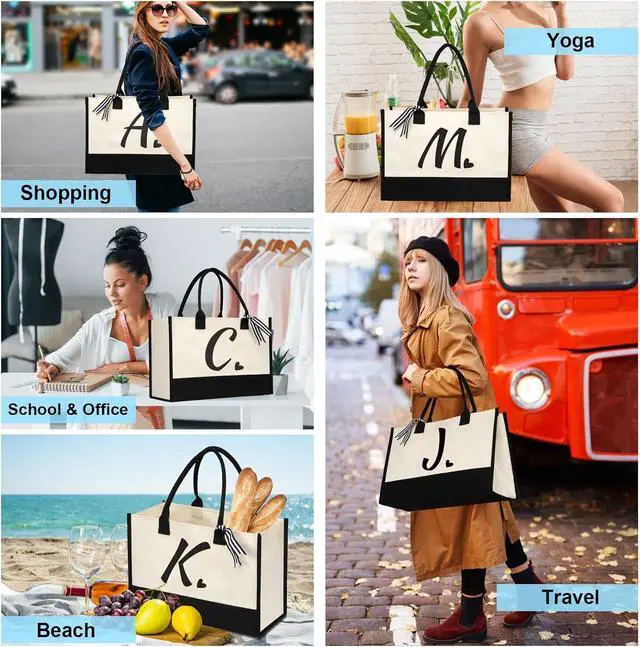Alt view image 6 of 6 - shenee Initial Canvas Tote Bag, Personalized Beach Bags Gift for Women