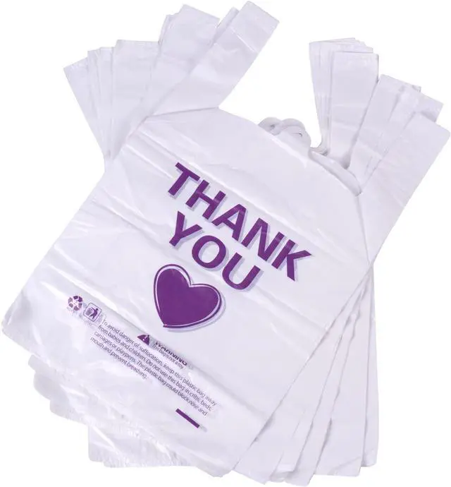Main image of ysmile Thank You T Shirt Plastic Shopping Bag Rusable for Grocery Small Business Food To Go Bag with Handle 12x19 Inch 50 pcs - White