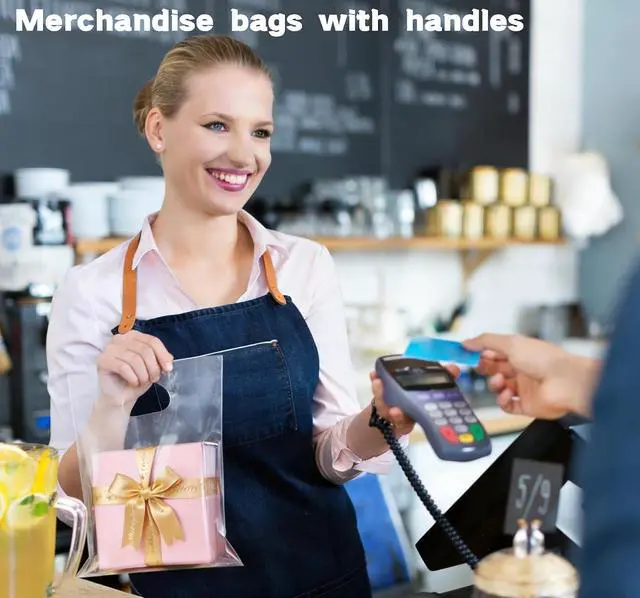 Alt view image 3 of 6 - Ansigillate 100 Pack Clear Plastic Bags 9"x12" Gift Bags With Handles Shopping Bags For Small Business, Merchandise and Boutique Stores