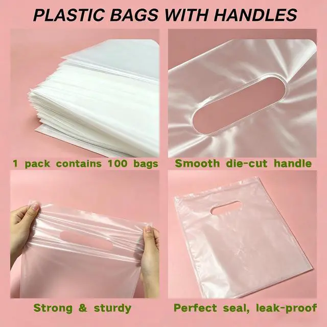 Alt view image 4 of 6 - Ansigillate 100 Pack Clear Plastic Bags 9"x12" Gift Bags With Handles Shopping Bags For Small Business, Merchandise and Boutique Stores