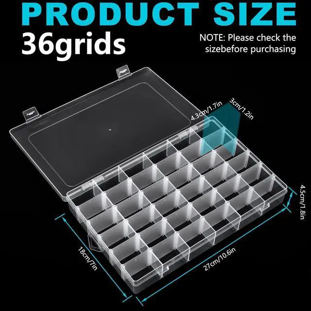 Alt view image 2 of 7 - Clear Visible Plastic Storage Box with Removable Dividers, 36 Grids, Suitable for Jewelry, Screws Hardware Accessories Organizer, Crafts, Fishing Tackle