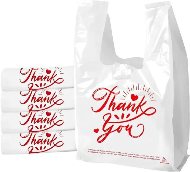 Main image of 100 Pack White Thank You T-Shirt Bags - 11.5"x6.5"x21" Reusable Grocery Bags with Handles, Eco-Friendly Retail Packaging for Supermarket & Small Business