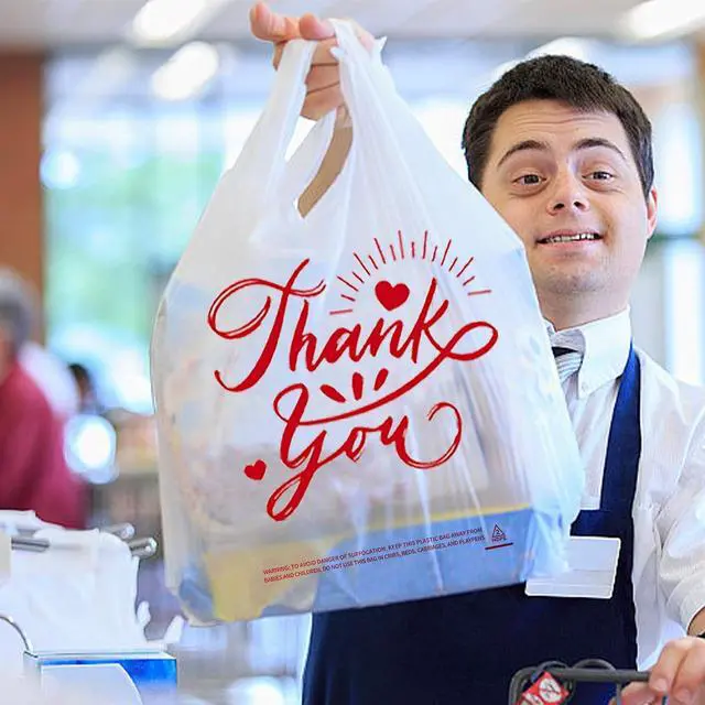Alt view image 2 of 7 - 100 Pack White Thank You T-Shirt Bags - 11.5"x6.5"x21" Reusable Grocery Bags with Handles, Eco-Friendly Retail Packaging for Supermarket & Small Business